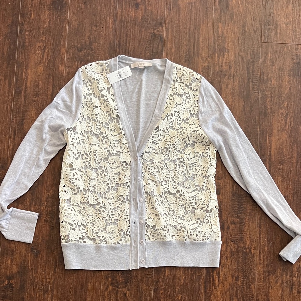 LOFT Cream Gray Lace Front Cardigan with Light Knit
